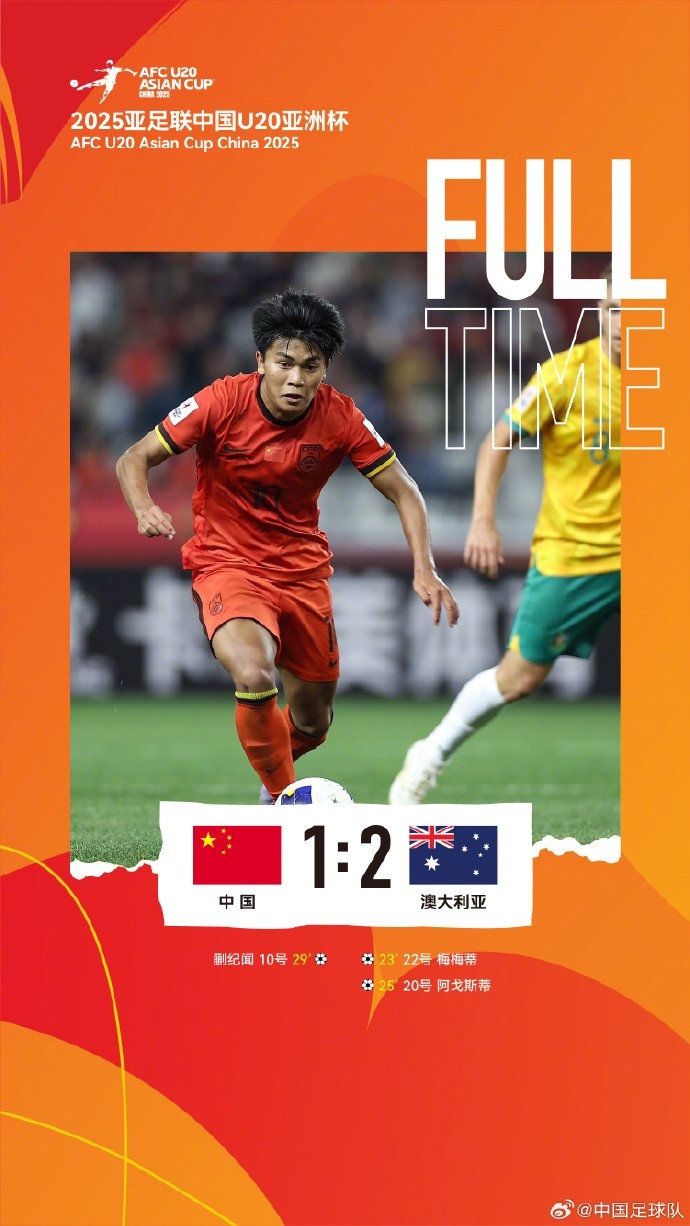  U20亞洲杯小組賽A組第三輪，中國隊1比2負于澳大利亞隊