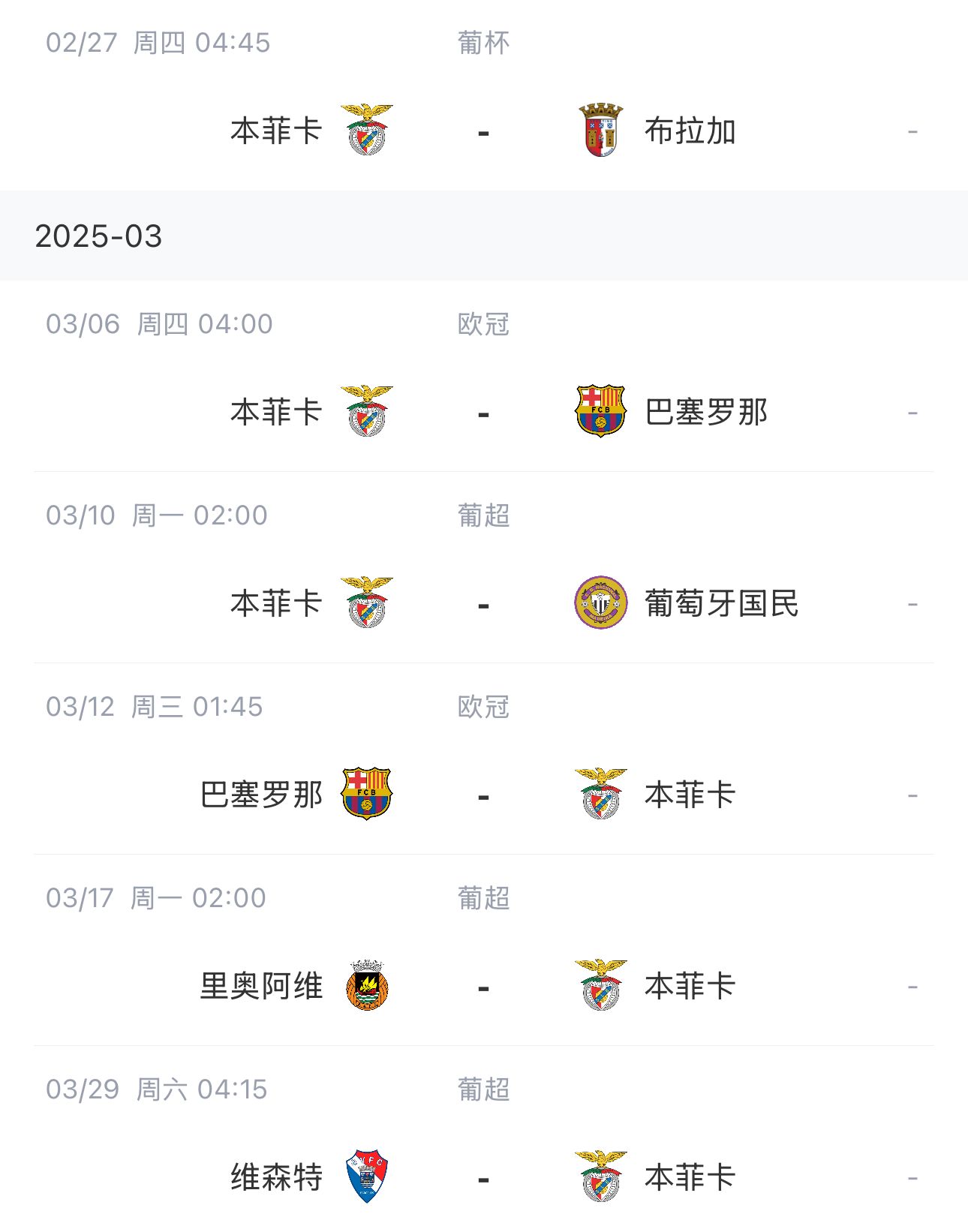  讓路歐冠！本菲卡戰(zhàn)巴薩首回合比賽前的葡超比賽推遲進行